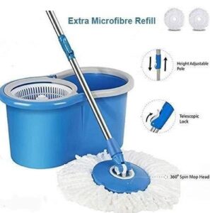 VeePee Elite Spin Mop with Bigger Wheels and Plastic Auto Fold Handle for 360 Degree Cleaning (Two Refills)